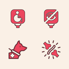 Set Joint pain, knee pain, Disabled wheelchair, Blindness and Guide dog icon. Vector