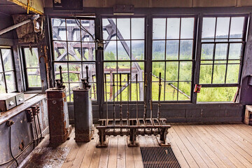 Looking out from the Pilot House of a Mining Dredge  - obrazy, fototapety, plakaty