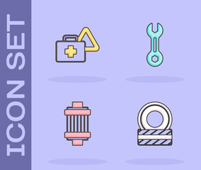 Set Car tire wheel, First aid kit and warning triangle, air filter and Wrench spanner icon. Vector