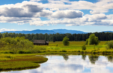 Old cabin in grassy meadow behind a pond with forest, partial clouds and blue sky background. 