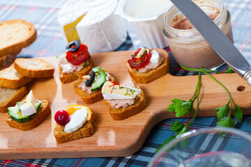 Assorted fresh made canapes with meat pate, cheese, vegetables