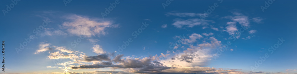 Wall mural evening dark blue sky hdr 360 panorama with white beautiful clouds in seamless projection with zenit