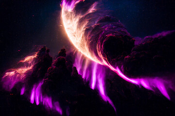 a glowing, mysterious abstract circle shaped of purple nebulous energy and ethreal plasma tendrils, similiar to a purple aurora borealis in the  sky - obrazy, fototapety, plakaty