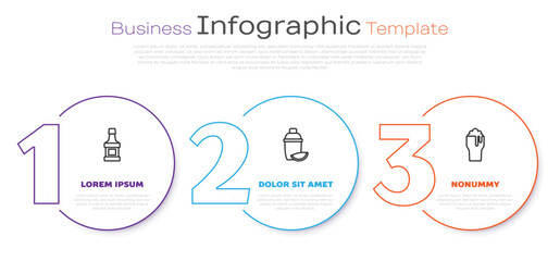 Set line Whiskey bottle, Cocktail shaker with lime and Glass of beer. Business infographic template. Vector