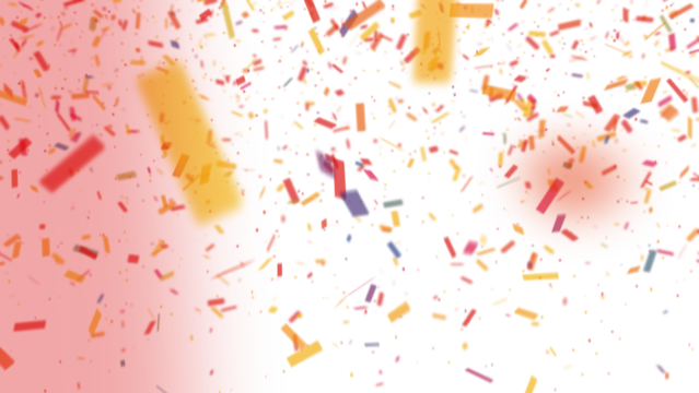 Red orange colour confetti fall down. Transparent isolated on black background.