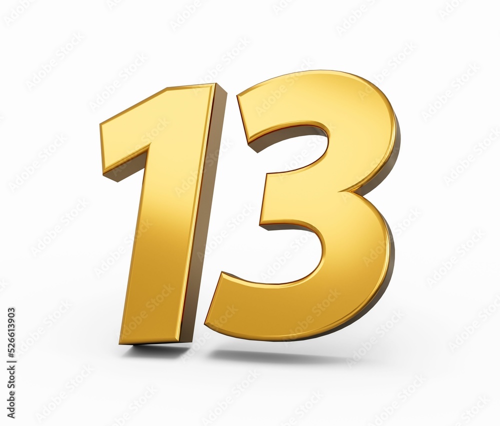 Sticker gold number 13 isolated on a white background, 3d illustration