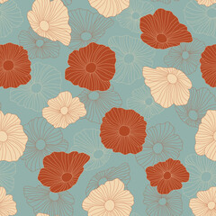 Simple and Cute Vintage Garden Cosmos Outlined Textiles for Fashion Seamless Repeat Pattern Design Blue Background 