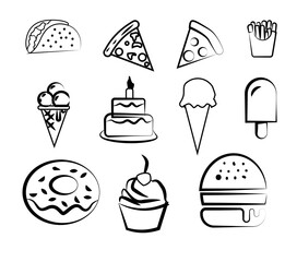 Vector sketch of Fast Food Burger, ice cream, donut and more for icon