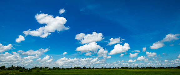 Plakat Panorama blue sky with white soft clouds. landscape image of blue sky and thin clouds.
