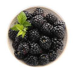 Tasty ripe blackberries in bowl isolated on white, top view