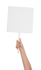 Woman holding blank protest sign on white background, closeup