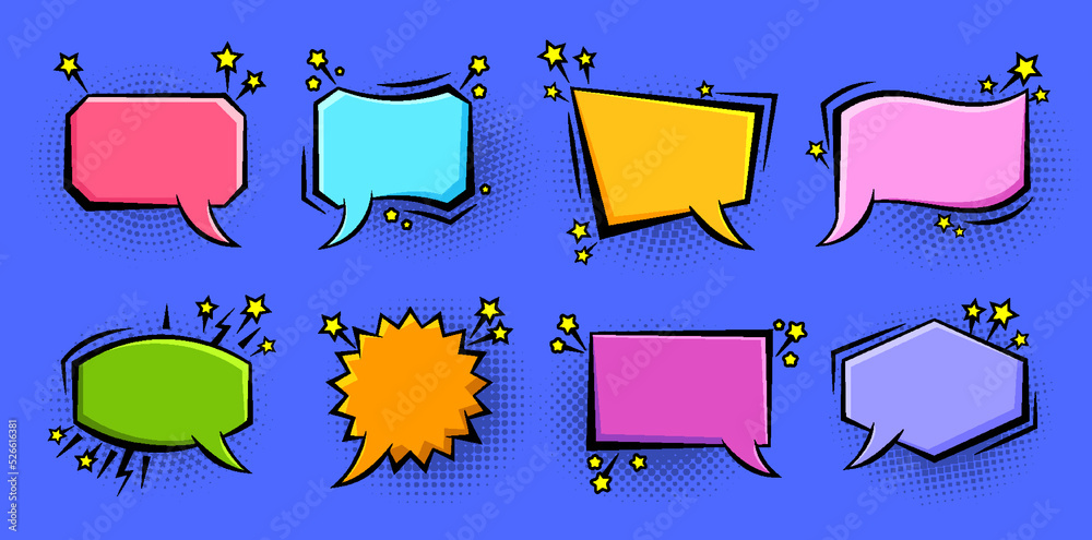 Poster cartoon pop art bubbles with halftone shadow. retro sketch speech bubble set. fun comic page dialog 