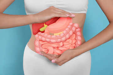 Closeup view of woman with illustration of abdominal organs on her belly against light blue...