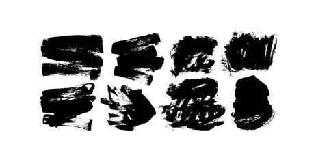 Vector black paint bold shapes, collection of wide brush strokes. Dirty design element, box, frame silhouettes or background for text isolated on white background. Hand drawn calligraphy smears - obrazy, fototapety, plakaty