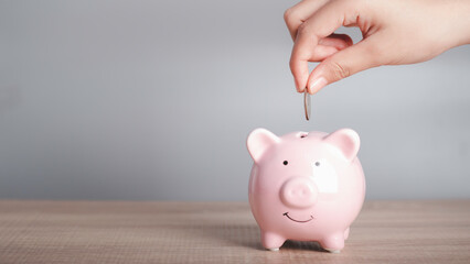 Business finance, saving, money fund and investment concept. Hand holding coins putting into piggy bank and counting account for his money retirement rich with grey background copy space for text.