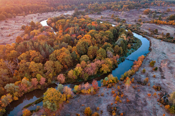 Fototapeta na wymiar Drone view Autumn forest near the river in the meadow, cool frosty dawn.