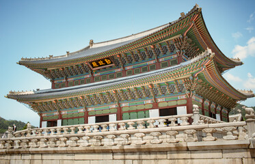Colorful traditional wood Korean architecture temple kings throne room building main hall at...
