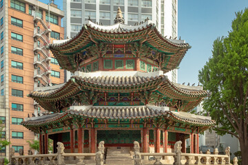 Colorful Korean traditional design painted Hwangudan Shrine altar in Seoul South Korea