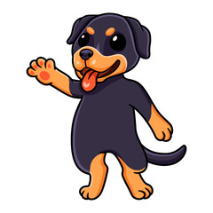 Cute little rottweiler dog cartoon waving  hand