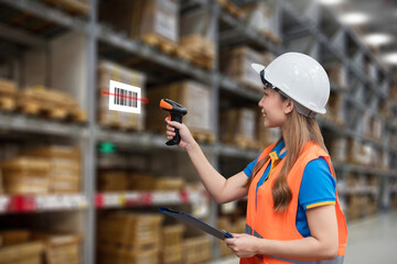 woman manager professional smiling of warehouse logistic worker job check scanning barcode on parcel box in distribution factory. logistic business