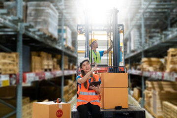 Manager  using tablet Checke-Commerce Online Orders e-businessonline. In store Background Warehouse Retail Center with  boxes global logistics network  Products Delivery Infographics in Logistics.