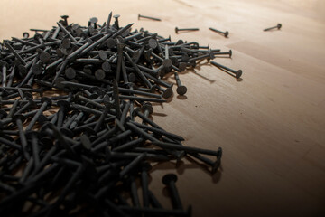 workshop construction steel nails sales display backdrop working wood surface building materials...