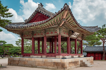 Colorful Korean painted wood pagoda building architecture at the Changdeokgung palace in Seoul South Korea