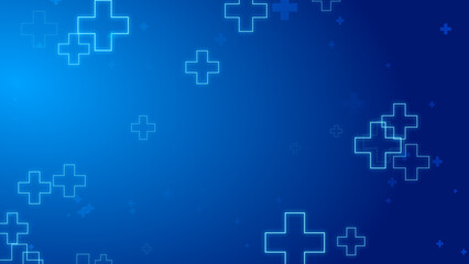 Medical health blue cross neon light shapes pattern healthcare technology background.