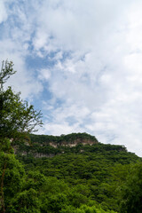 trees framing mountains, huentitan canyon in guadalajara, mountains and trees, green vegetation and sky with clouds, mexico