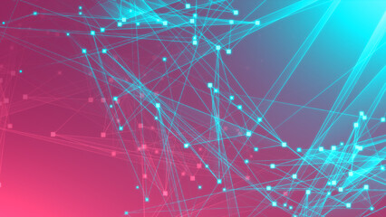 Abstract pink green polygon tech network with connect technology background. Abstract dots and lines texture background. 3d rendering.