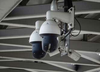 Close-up Of Security Cameras On The Street. Control and monitoring system. Digital fascism