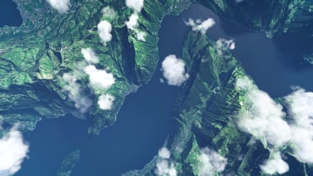 Aerial overhead shot flying over Lake Lucerne in Switzerland. Europe