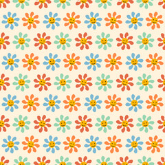 Small multicolored retro 1970s daisies and emojis. Summer groovy and trippy pattern. Vector drawing. For clothing, packaging, design and textiles, postcards and flyers.