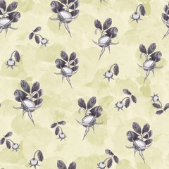 Seamless pattern with rose hip, wildrose, leaves. Rose hip tea. Craft handmade pattern, drawn in pencil, vintage. Grey pencil and light green backgound. Summer. For textile, wallpapers, wrapping paper