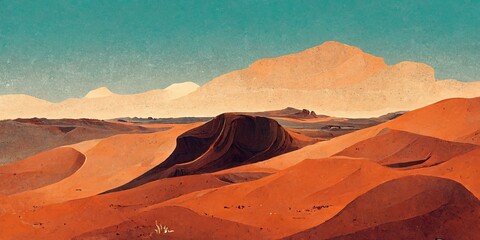 Naklejka na ściany i meble Sandy desert landscape cartoon illustration with sand dunes, hills and mountains silhouettes, nature horizontal background. Can be used for traveling, outdoor recreation and vacation concepts
