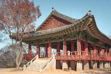 Fototapeta premium Red colorful Korean wooden traditional pagoda building Omokdae in Jeonju South Korea