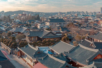 Rooftop city view of the traditional Korean hanok village in Jeonju South Korea during sunset