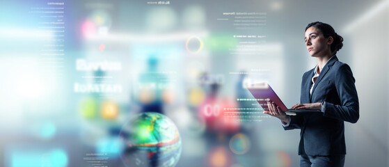 Scientific data and researcher. Wide image for banners, advertisements.