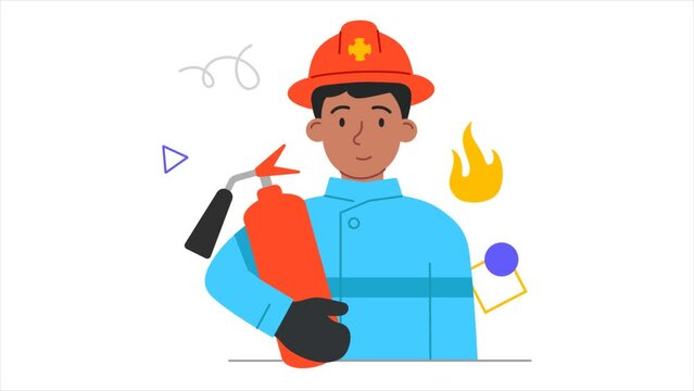 Different professions video concept. Moving brave male firefighter in heat resistant suit and helmet holds fire extinguisher. Character puts out fires or hot flames. Flat graphic animated cartoon