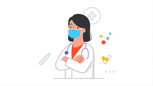 Different professions video concept. Moving woman doctor, therapist or nurse in white uniform and mask treats diseases. Health care and medicine. Flat graphic animated cartoon in doodle style