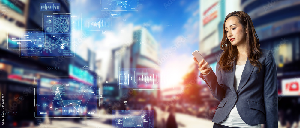 Poster a woman using a smartphone and a network concept. wide image for banners, advertisements.