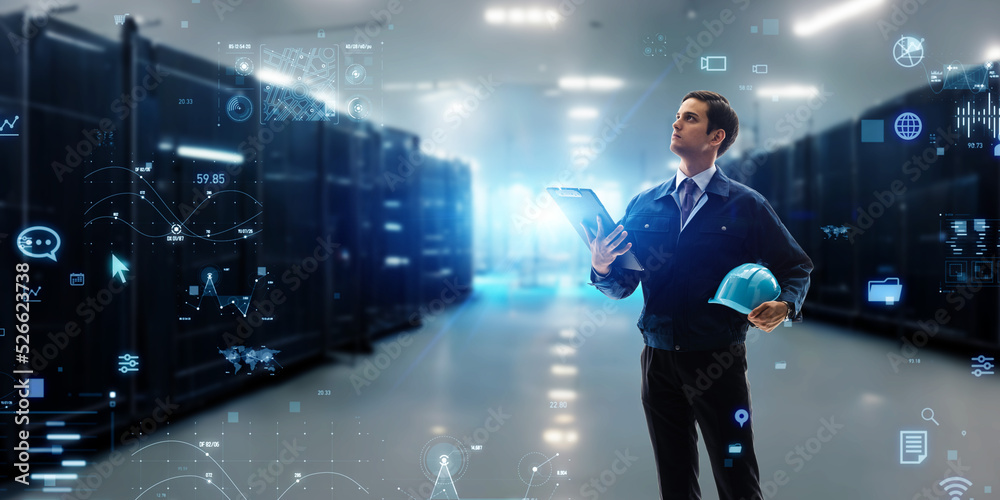Aufkleber Engineer standing in server room and digital data concept. Wide image for banners, advertisements.
