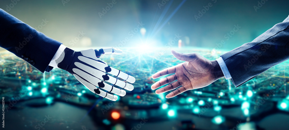 Poster a human and a robot shaking hands. ai. artificial intelligence. wide image for banners, advertisemen