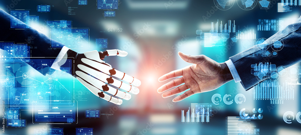 Poster a human and a robot shaking hands. ai. artificial intelligence. wide image for banners, advertisemen