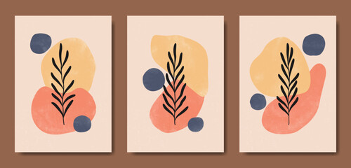 Fototapeta premium Abstract Contemporary mid century modern Floral leaves boho poster template. Aesthetic Modern Art Minimal and natural flower compositions for postcard cover wallpaper wall art home decor