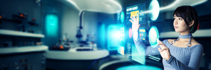 ホログラム画面を操作する女性エンジニア　バナー・広告向け横長ビジュアル