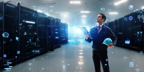 Engineer standing in server room and digital data concept. Wide image for banners, advertisements.