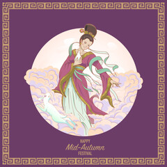 Obraz premium Mid-Autumn Festival vector illustration of Chang'e moon goddess with jade rabbit and lotus for lunar celebration branding