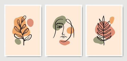 Abstract Aesthetic mid century modern line art face portrait and leaves Contemporary boho poster template. Modern Art Minimal shape compositions for postcard, cover, wallpaper, wall art, home decor.