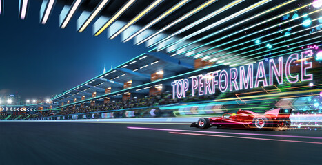 Fototapeta na wymiar 3d render Sport racing car fast driving with TOP PERFORMANCE text